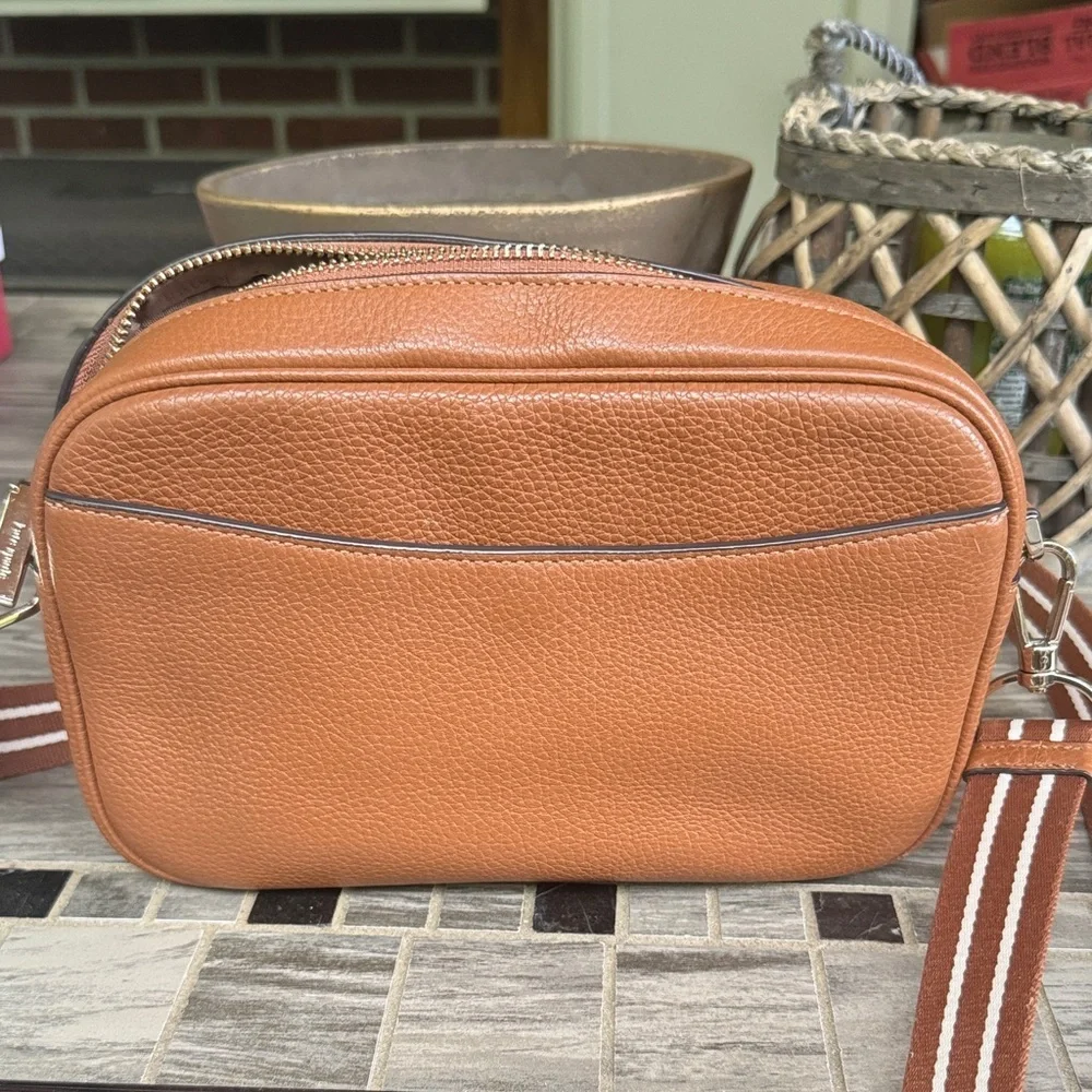 kate spade Tan Pebbled Leather Crossbody with Striped Strap